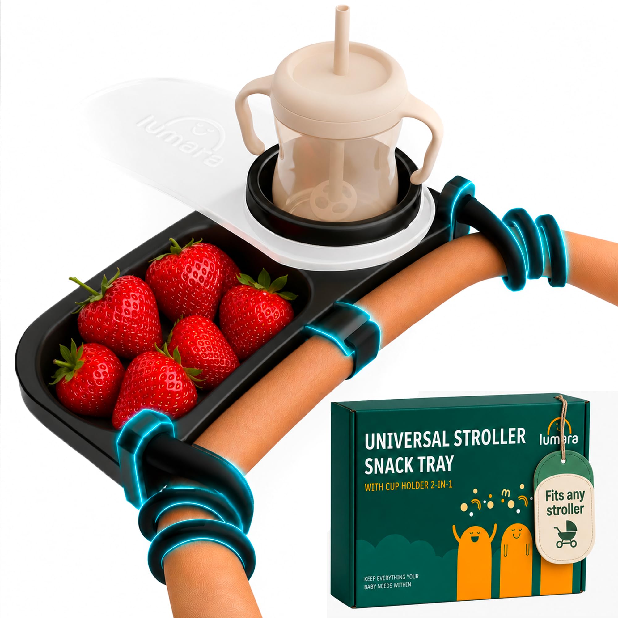 Photo 1 of Universal Stroller Snack Tray with Cup Holder 2 in 1 - Stroller Tray Attachment for Baby & Toddler - Baby Stroller Accessories - Fit Most Strollers, Dishwasher Safe with Dust Cover & Silicone Arms