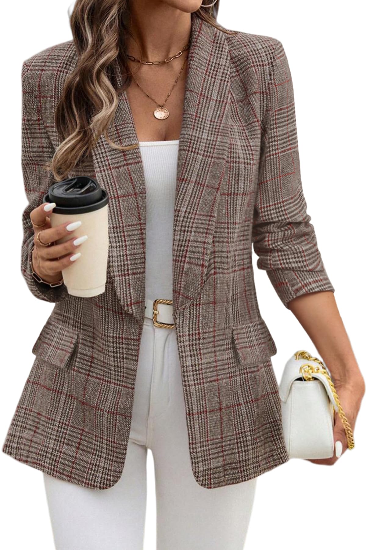 Women's Shawl Collar Plaid Boyfriend Blazer，Business Casual Open Front Houndstooth Work Office Suit Jackets-image-34