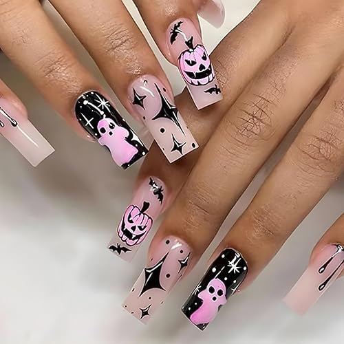 24 uñas postizas largas a presión de Halloween, fantasmas de terror, calabaza, diseño de uñas cuadradas con pegamento en las uñas de Halloween,