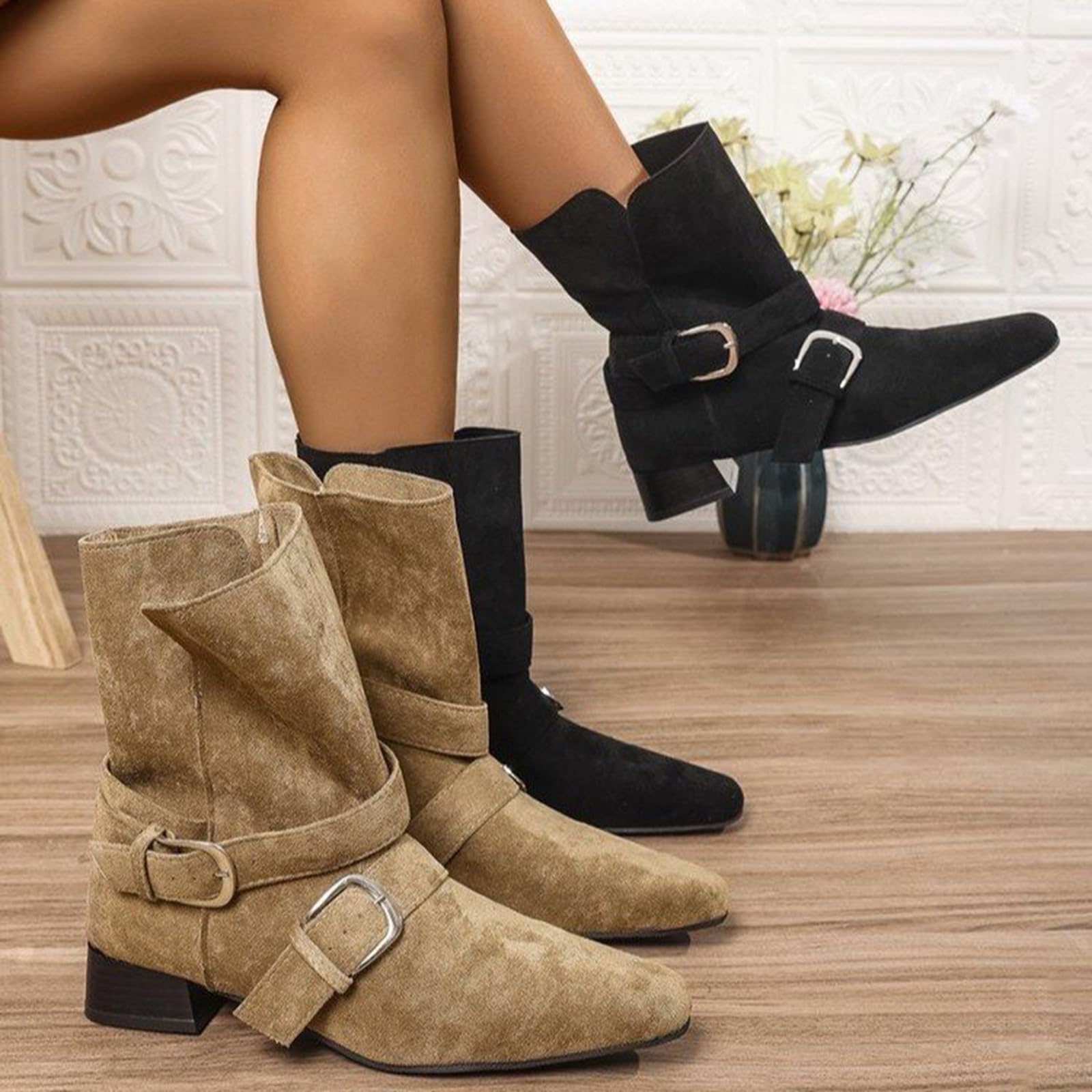 Cocila Botas Vaqueras De Pasos Con Hebilla Cinturón Y Tacón Grueso, Mangas Para Otoño E Invierno. Negras Altas Mujer Planas Botines Piel Marron Marrones Tacon Fino Planos Casual Zapatos