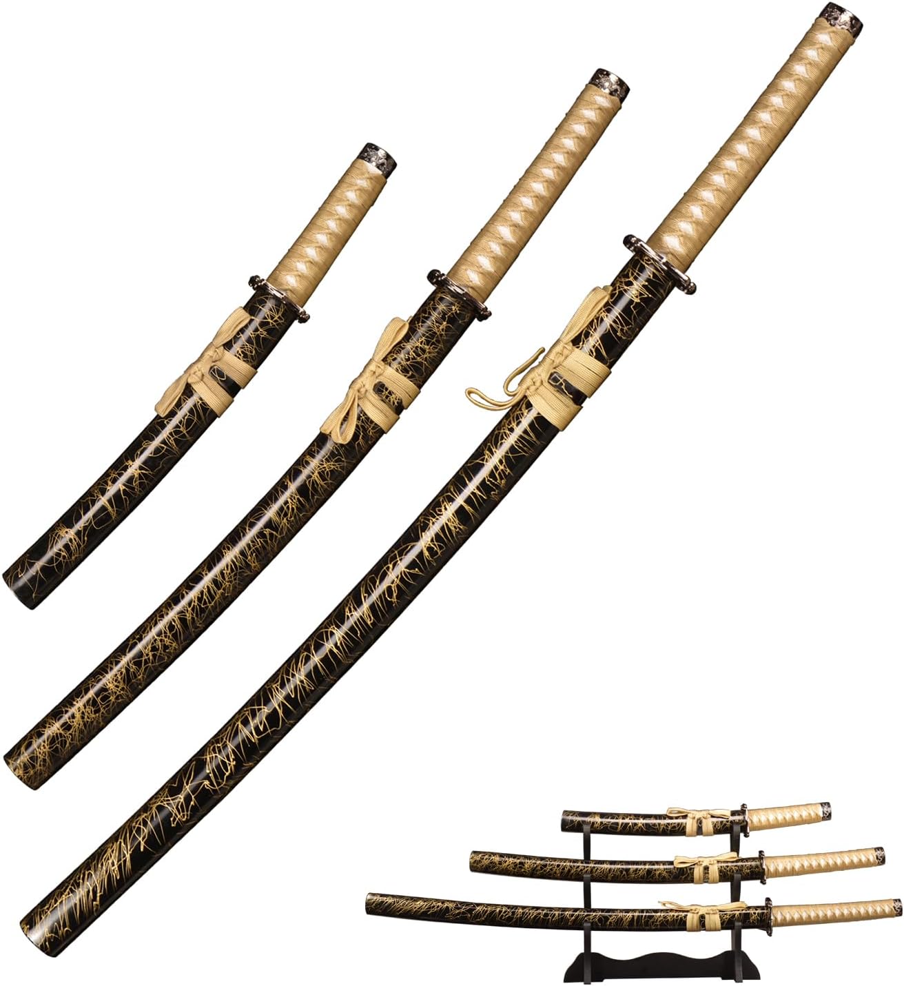 ACTASITEMS FullTang Balck Katana 3pc Set Samurai Sword, 1045 Medium