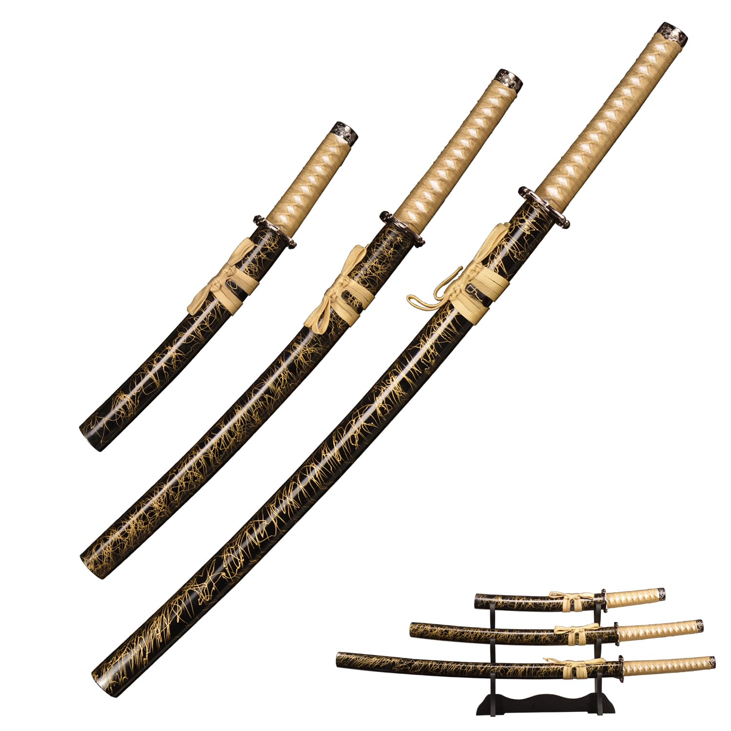 KATANAフルセット ACTASITEMS FullTang Balck Katana 3pc Set Samurai Sword, 1045