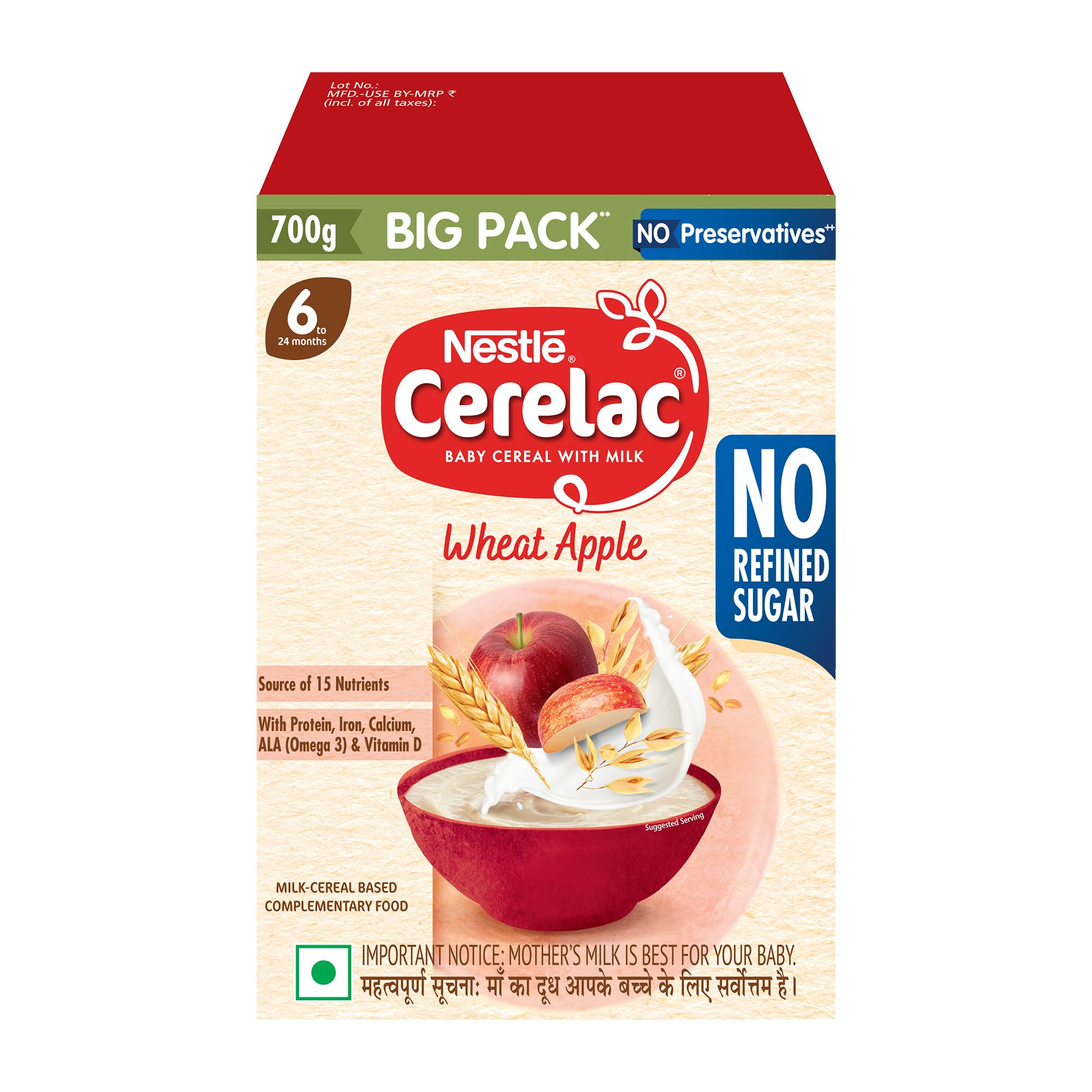 CERELAC Baby Food Cereal | No Refined Sugar | Wheat Apple for 6-24 months baby | Omega 3 Iron Protein Calcium Vitamin D | Instant Baby Food | 700g | Big Pack