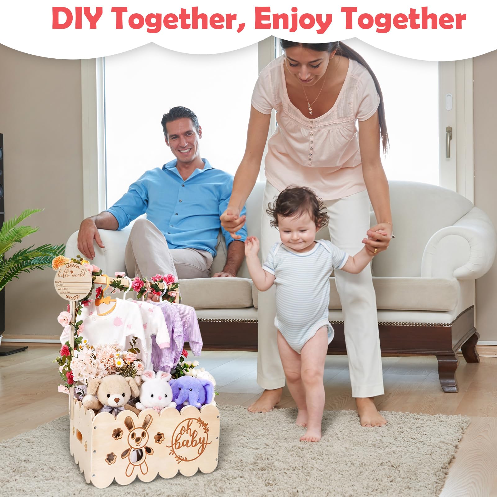 Holz Baby Geschenk Korb mit Griff - Baby Aufbewahrungskorb, Babyparty Schrank mit Namensschilder Holz, Girlanden Kunststoff und 4 Kinder KleiderbüGeln für Neugeborene Babyparty Neue Eltern