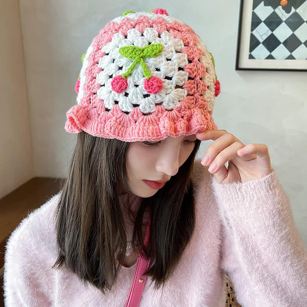 Crochet Bucket Hat for Women Handmade Knit Hats Summer Floral Skull Cap Knit Bucket Hats for Women - Image 3
