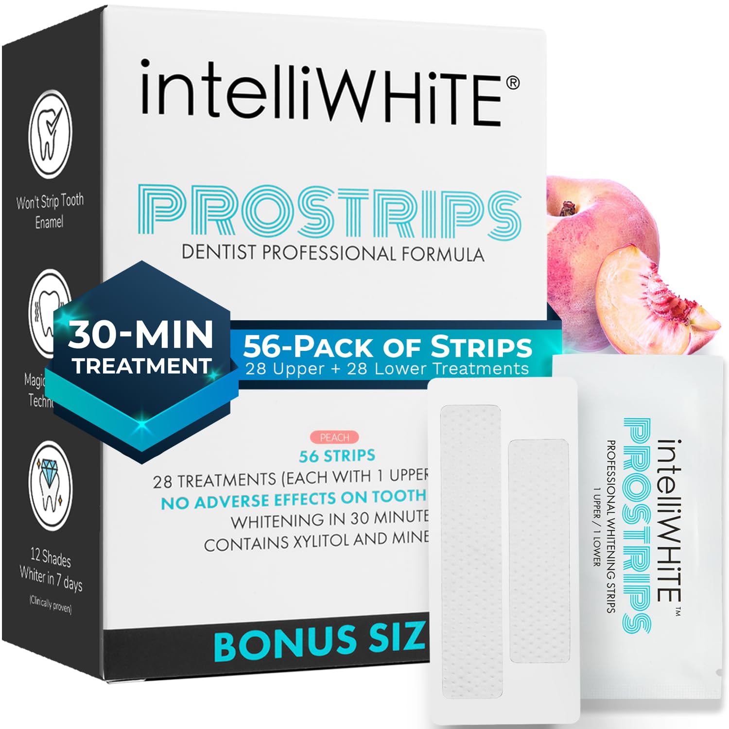 IntelliWHiTE ProStrips Teeth Whitening Strips, 28 Day Treatment, Whitens Up to 12 Shades, Enamel-Safe Gentle Remineralizing Formula, Dentist Formulated for Sensitive Teeth, (56pk Peach Flavor)