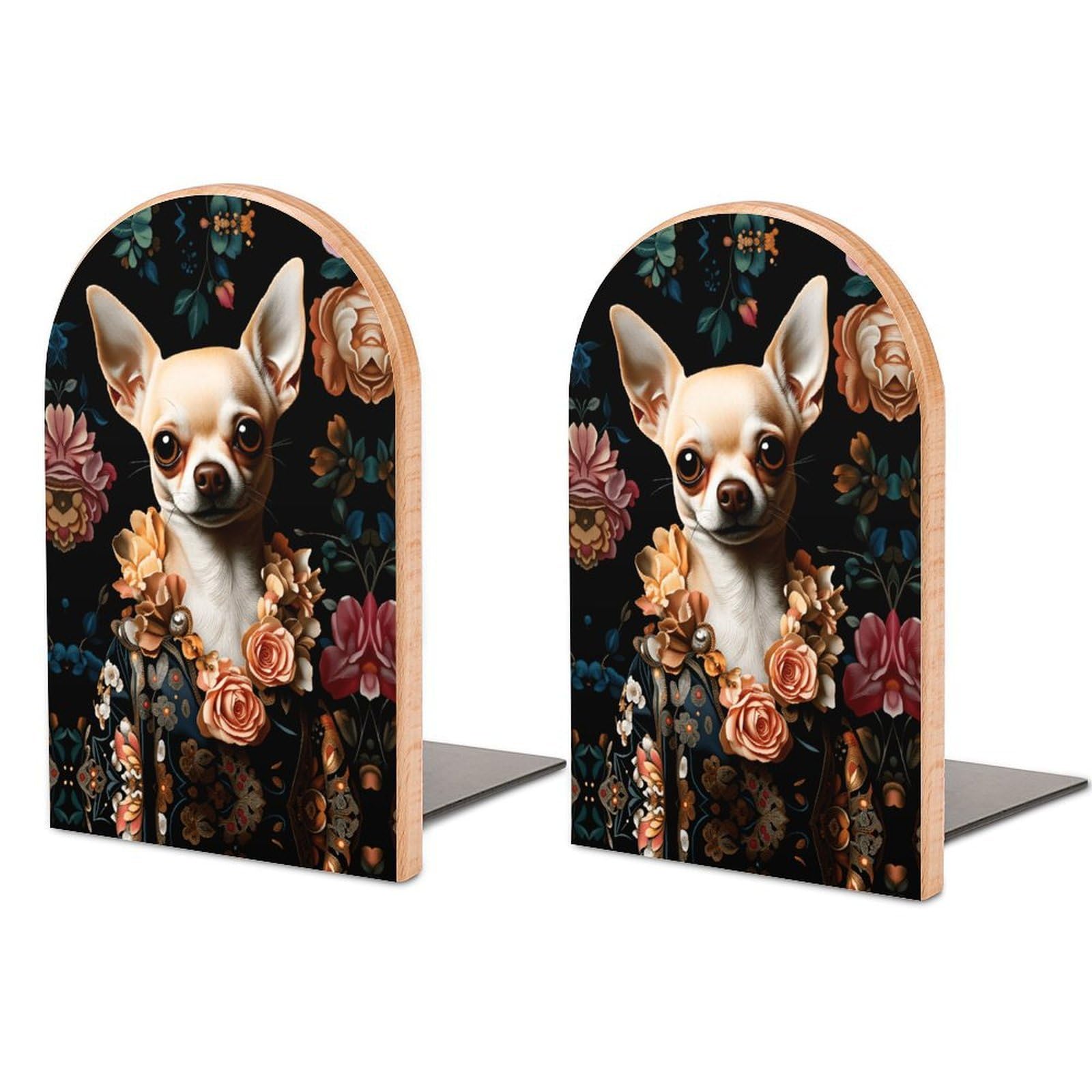 Chihuahua Solid Beech Wood Bookends, Decorative Book Ends for Shelves, Non-Skid Desktop Book Organizer for Home Office, Library Decor (1 Pair, 4.7" X 6.7")