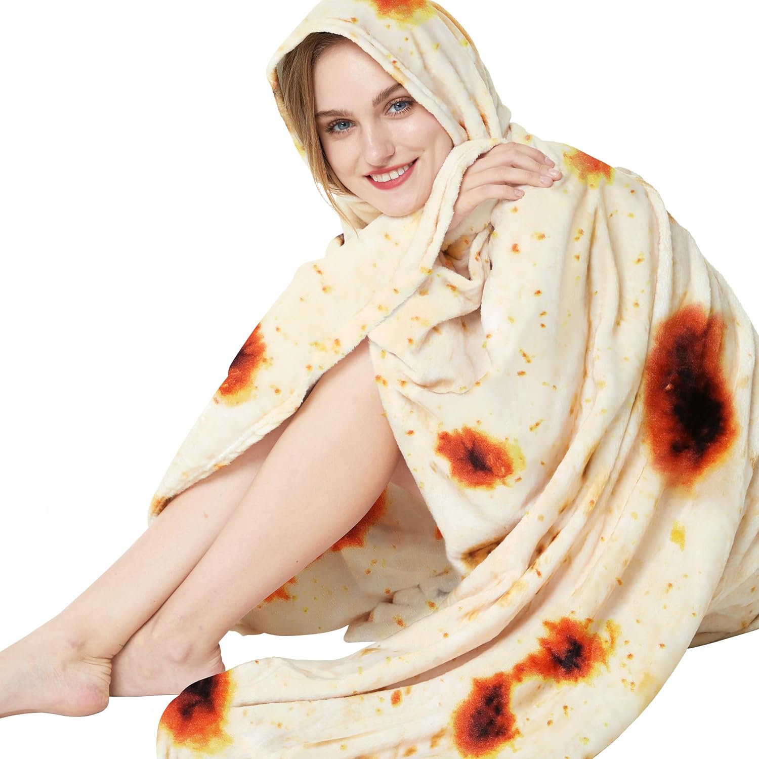 LetsFunny Burrito Tortilla Throw Blanket, 60in Double Sided Burrito Taco Tortilla Wrap Blankets, Giant Funny Realistic Food Blankets, Soft Lightweight Flannel Round Blanket for White Elephant Gift
