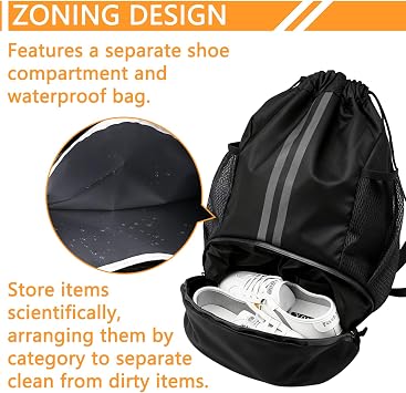 35L Waterproof Drawstring Bag - Sports & Swimming Backpack with Shoe Compartment & Wet/Dry Pockets and mesh Water Bottle Pocket for Gym, Football & PE Kit (Black)