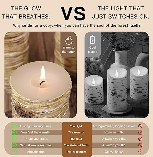 Miniatura 7 de Juego de velas de pilar con textura de corteza de abedul, cera real, 3 tamaños (4, 5, 6 pulgadas de alto), velas de chimenea de decoración rústica,