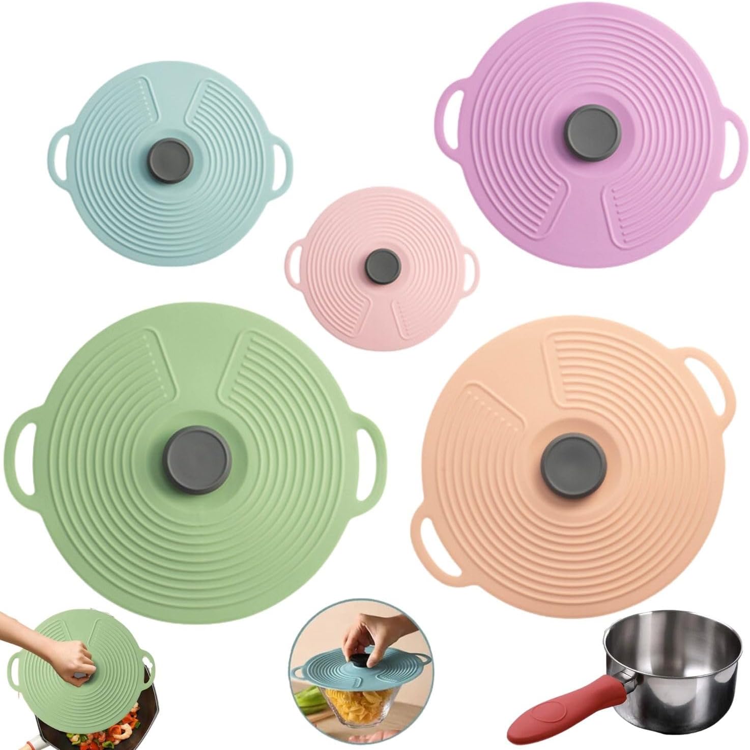"Universal 5 Piece Silicone Lid Set: Microwave Splatter Cover Lid for Food- In Different Sizes – Spill-Proof, Suction, Bowl, Glass Bowl Lids, Pans, Pots, Complete with 1 Silicone Pot Handle Cover"