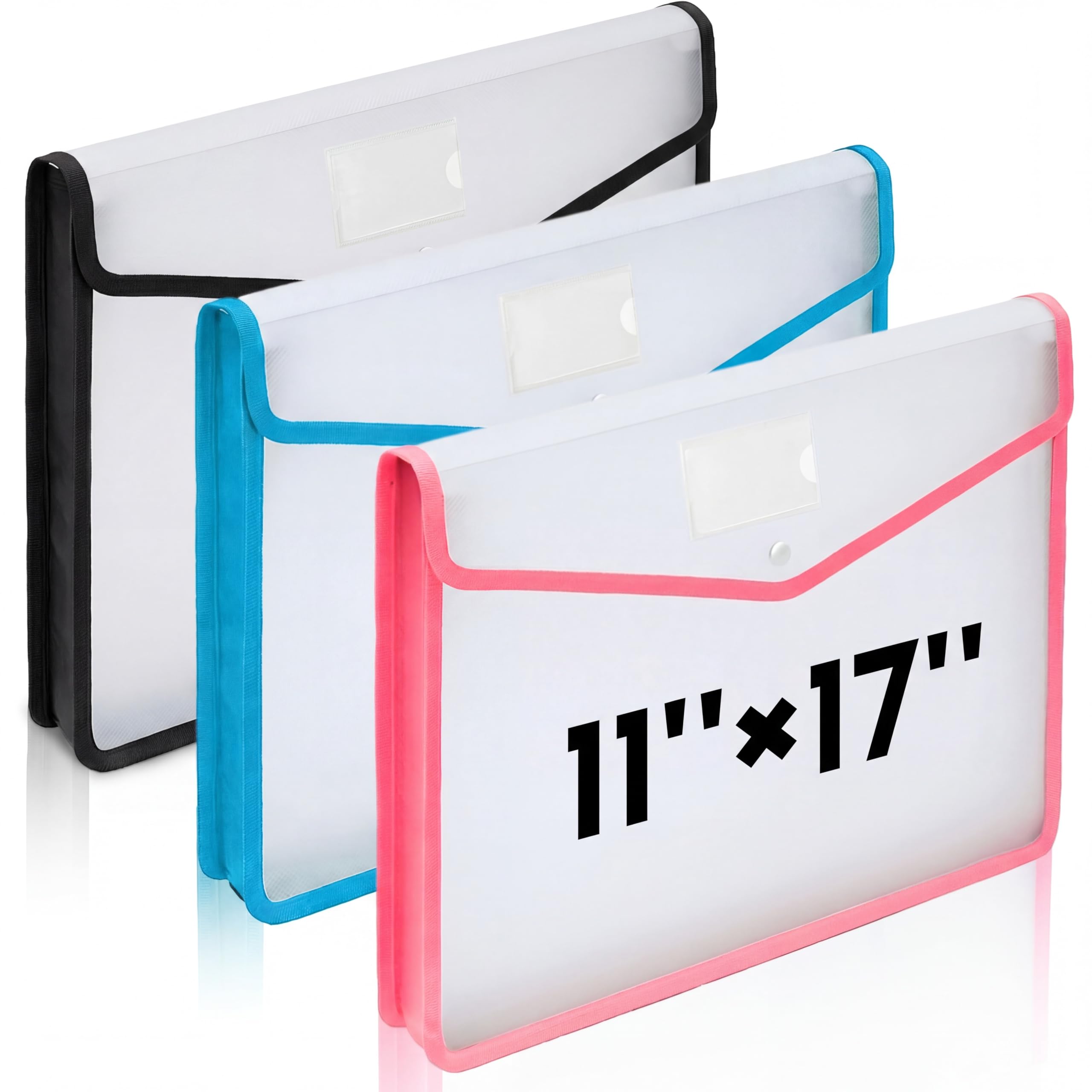 AmazingSpark 3 Pcs 11 x 17 Inch Expandable Tabloid Size Document Folder Organizers with Snap Closure & Label, Clear Plastic Expanding File Folder for A3 Ledger Size Plots Charts (Mix Colored)
