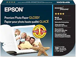 Epson Papel fotográfico premium S041727, 30 kg, alto brilho, 10 x 15 (pacote com 100 folhas), branco