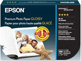 Epson Papel fotográfico premium S041727, 30 kg, alto brilho, 10 x 15 (pacote com 100 folhas), branco