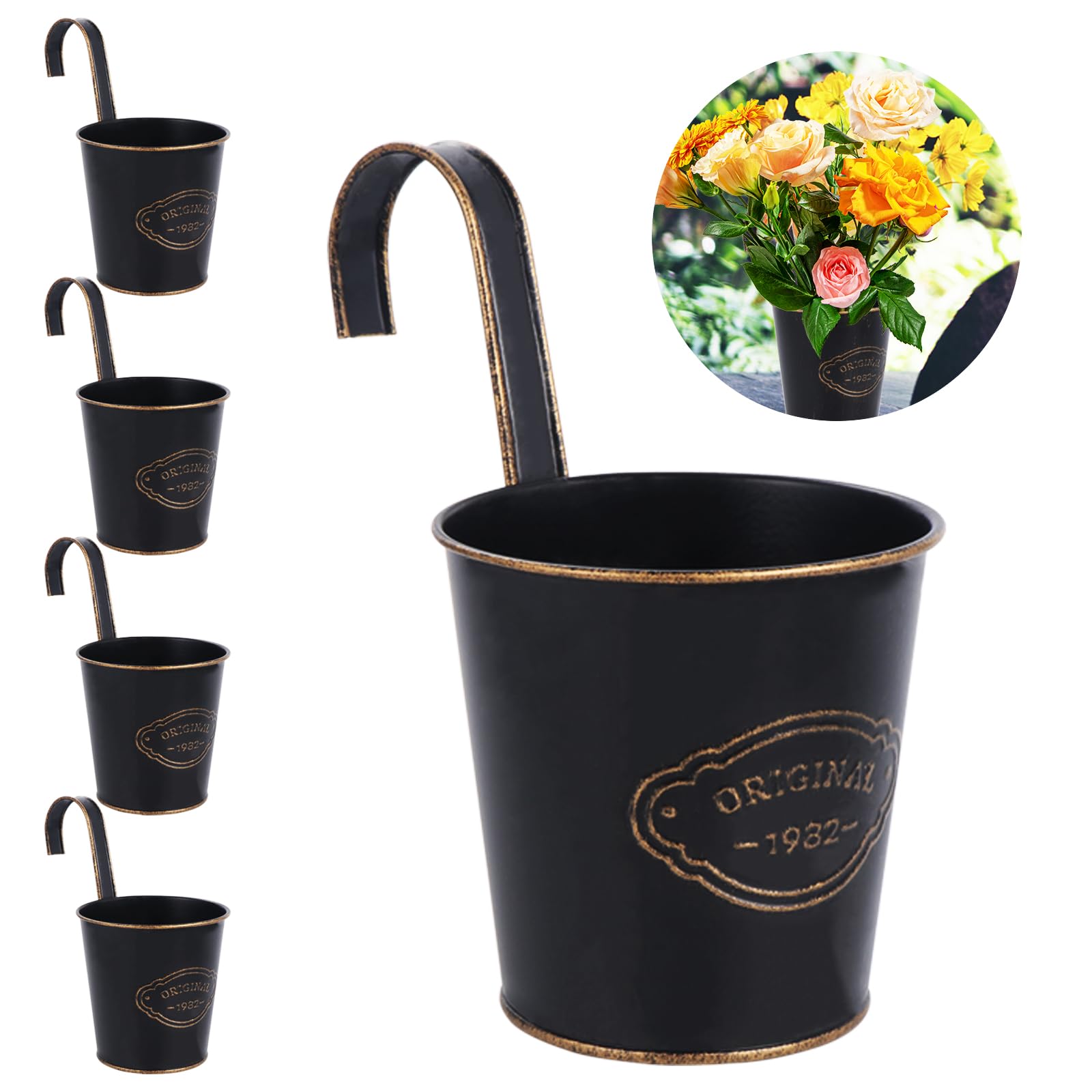Coolty 5 Stück Vintage Metall Hängetöpfe Blumentopf Hängend Hängender Garten Töpfe für Zaun Balkon Garten Pflanzer Home Decor mit Abnehmbaren Haken (Rund)
