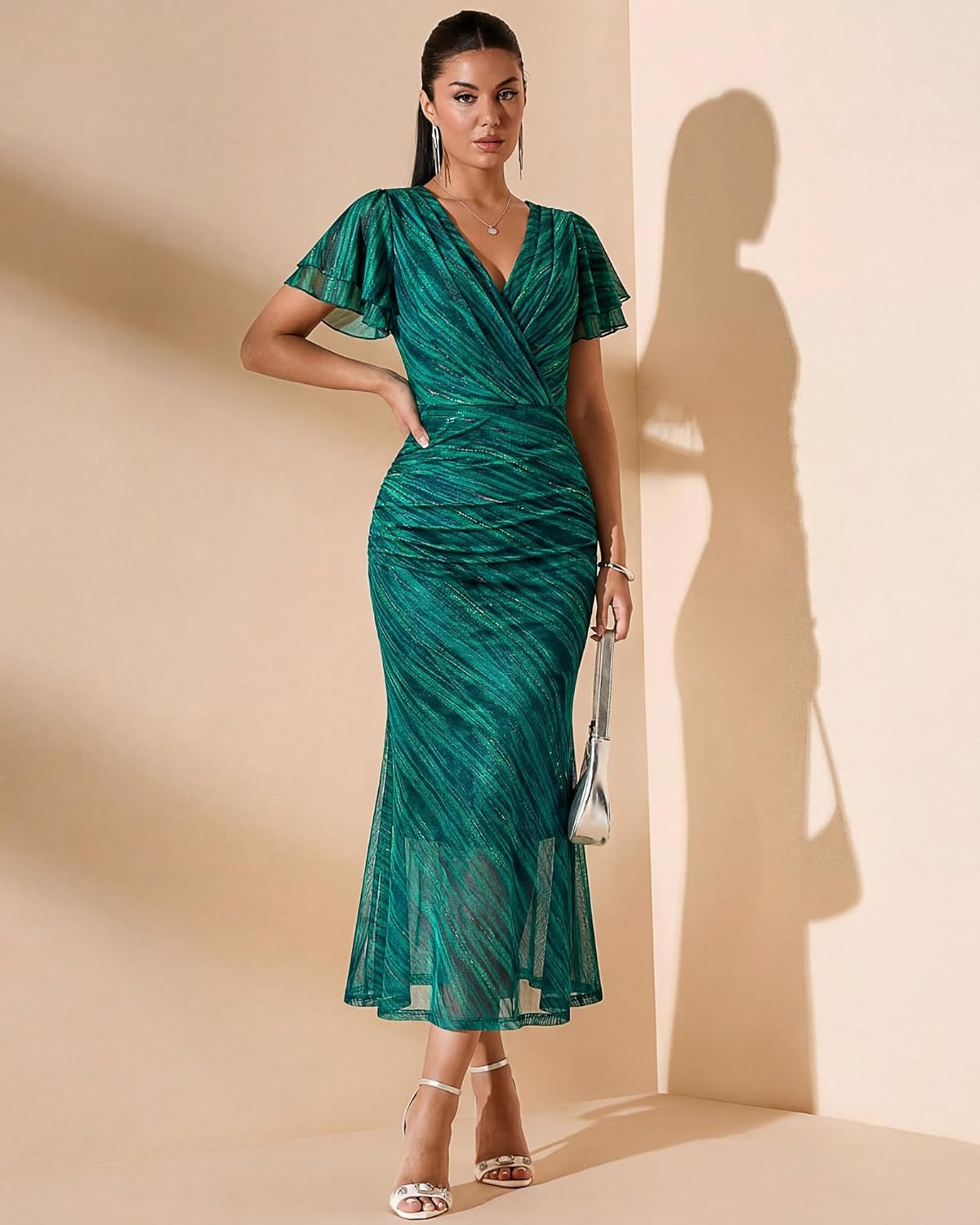 Gaharu Women's Summer Floral Bodycon Maxi Dress 2026 Ruched Mesh Ruffle Sleeve Spring Wedding Guest Cocktail Party Dresses
