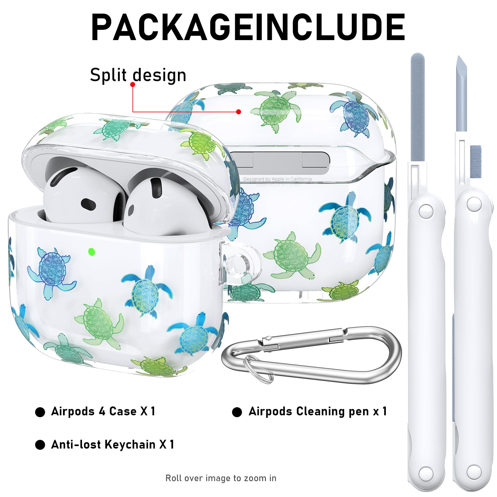 Case Cover Compatible with AirPods 4th Generation 2024, Wireless Charging, Shockproof, Soft TPU Transparent Reduced Yellowing for AirPods 4 Cases with Cleaning Kit & Carabiner (Turtles)