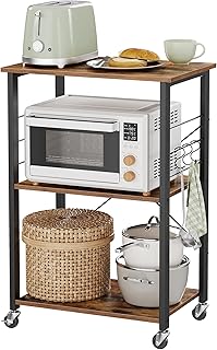 VASAGLE Prateleira de cozinha com rodas, carrinho de serviço de 3 níveis, estante para micro-ondas, armação de metal com 6 ganchos, 40 x 60 x 89 cm, castanho rústico e preto tinta KKS60XV1 The Forest Stewardship Council