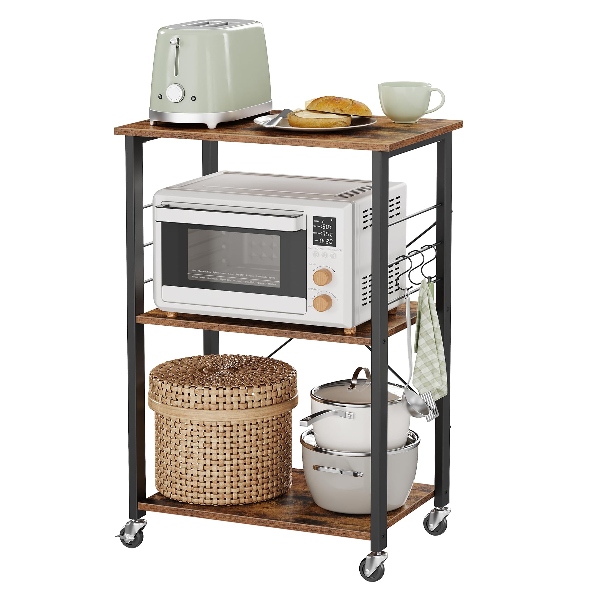 VASAGLE Carrello da Cucina con Rotelle, Carrello di Servizio con 3 Ripiani, Scaffale per Microonde, Struttura Metallica con 6 Ganci, 40 x 60 x 89 cm, Marrone Vintage e Nero Inchiostro KKS60XV1