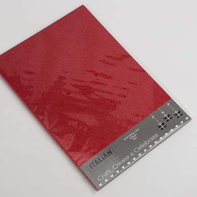 Italian Options 250GSM Non Shed Glitter Card Craft Paper 10 Sheets, A4 Size, Red
