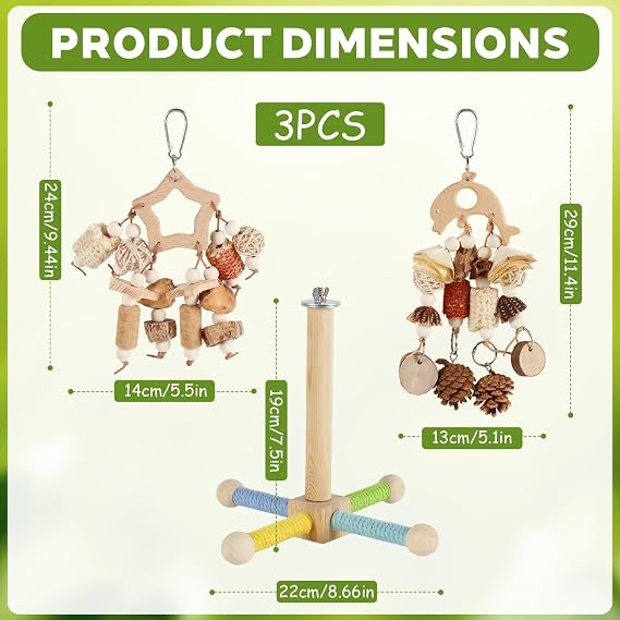 3 Piece parrot toys Bundle, Includes 1 Bird Perch Toy and 2 Bird Chewing Toys with Natural Corn Cob & Wooden Blocks for Parakeets, Budgies, Conures, Cockatiels.