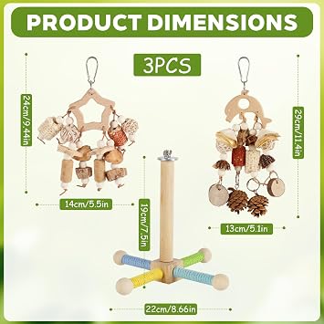 3 Piece parrot toys Bundle, Includes 1 Bird Perch Toy and 2 Bird Chewing Toys with Natural Corn Cob & Wooden Blocks for Parakeets, Budgies, Conures, Cockatiels.