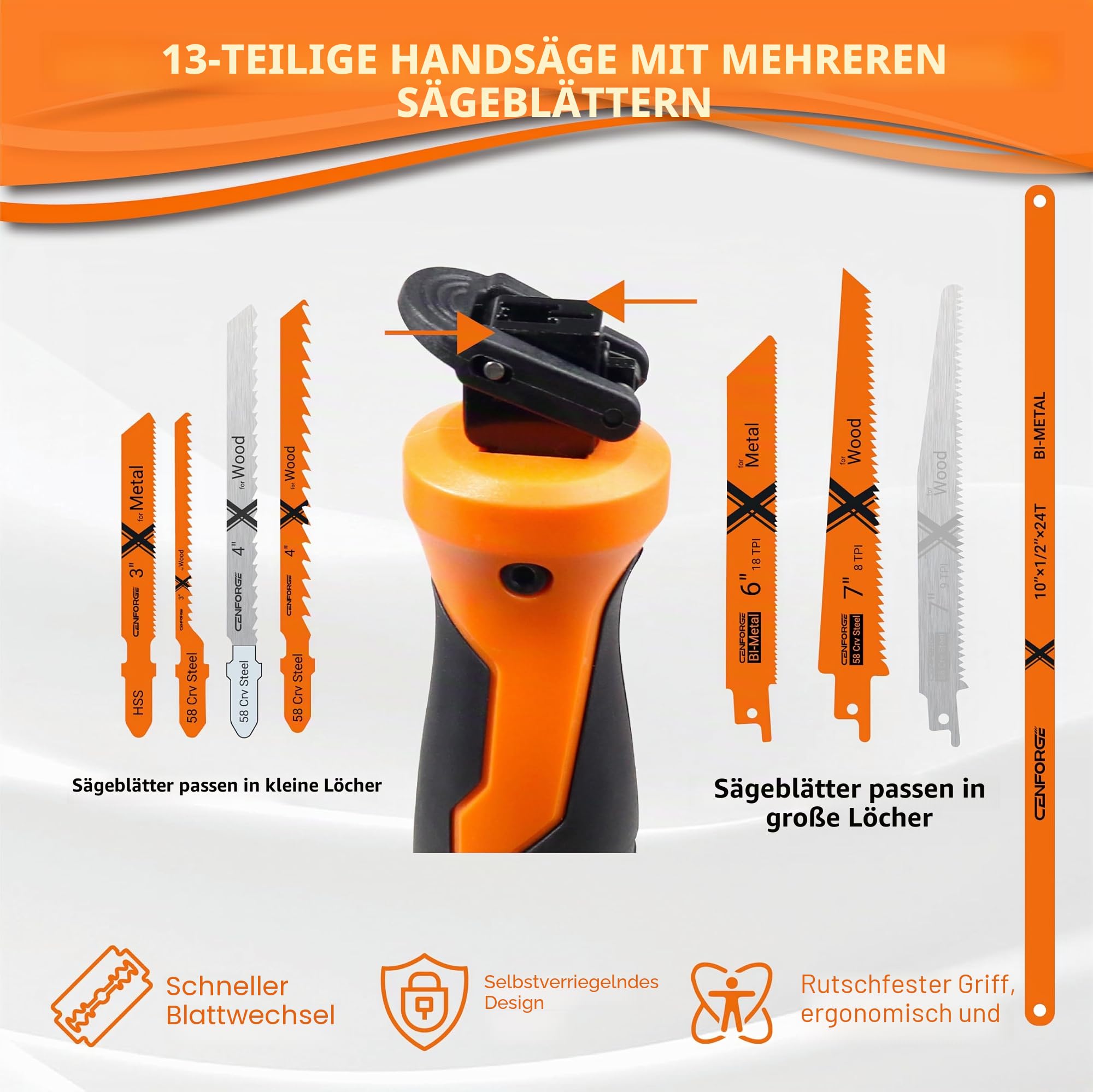 13-tlg. Handsäge-Set mit Schnellwechsel-Griff – Multifunktions-Säge für Holz, Metall, PVC & Gipskarton – Kompakte Jab-Säge inkl. 12 Sägeblätter & Rolltasche für DIY & Camping