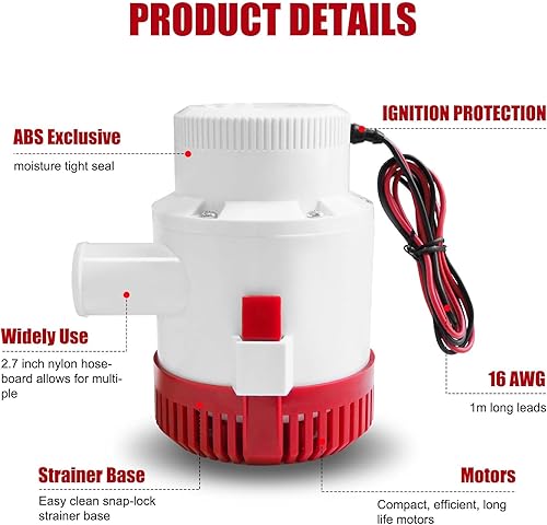 Miniatura 3 de Bombas de sentina 3700 GPH para barcos, bomba de sentina marina sumergible de 12 V con salida de 1-12 pulgadas, fontanería no automática para