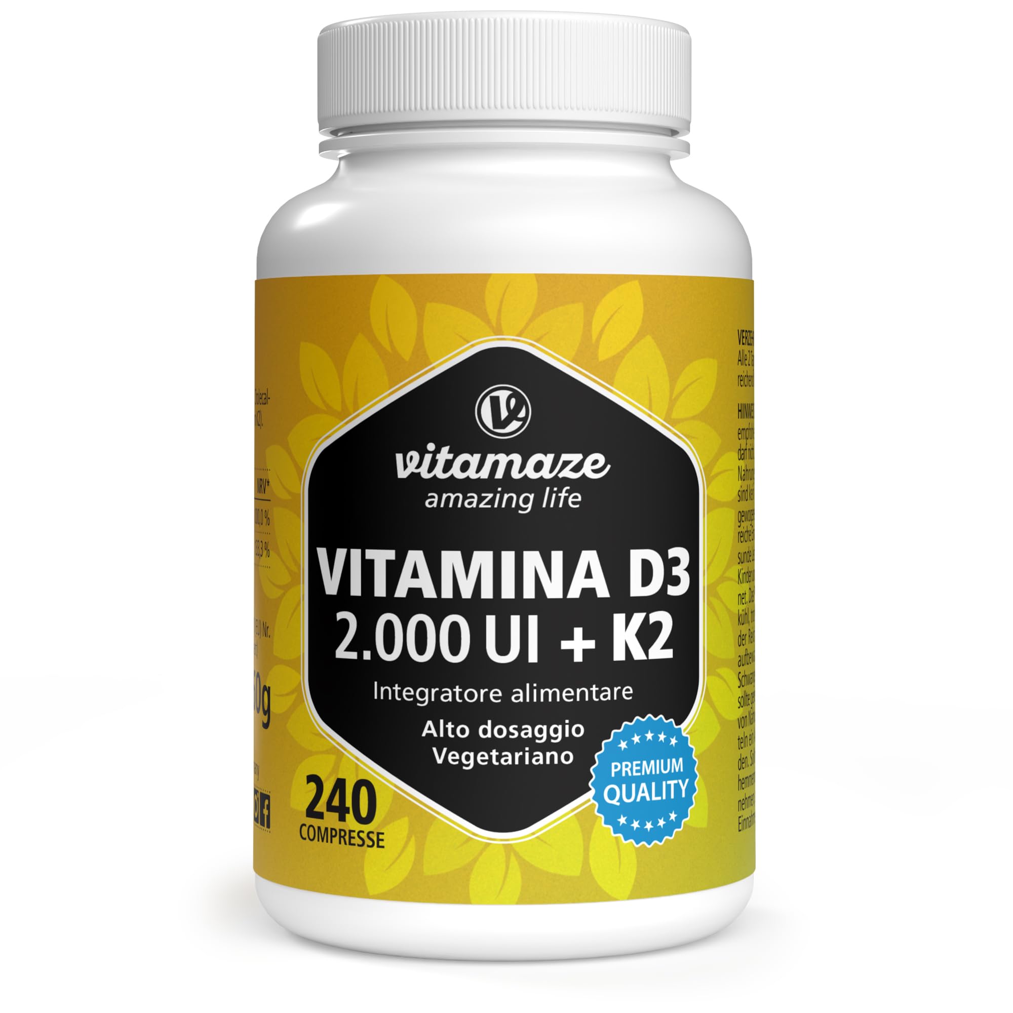 Vitamina D3 K2, 8 Mese, 240 Piccole Compresse, Alto Dosaggio Vitamina D3 e 100 mcg Vitamina K2, Elevata Biodisponibilità, Ossa, Denti, Articolazioni, Sistema Immunitario, Qualitá Tedesca, Vitamaze