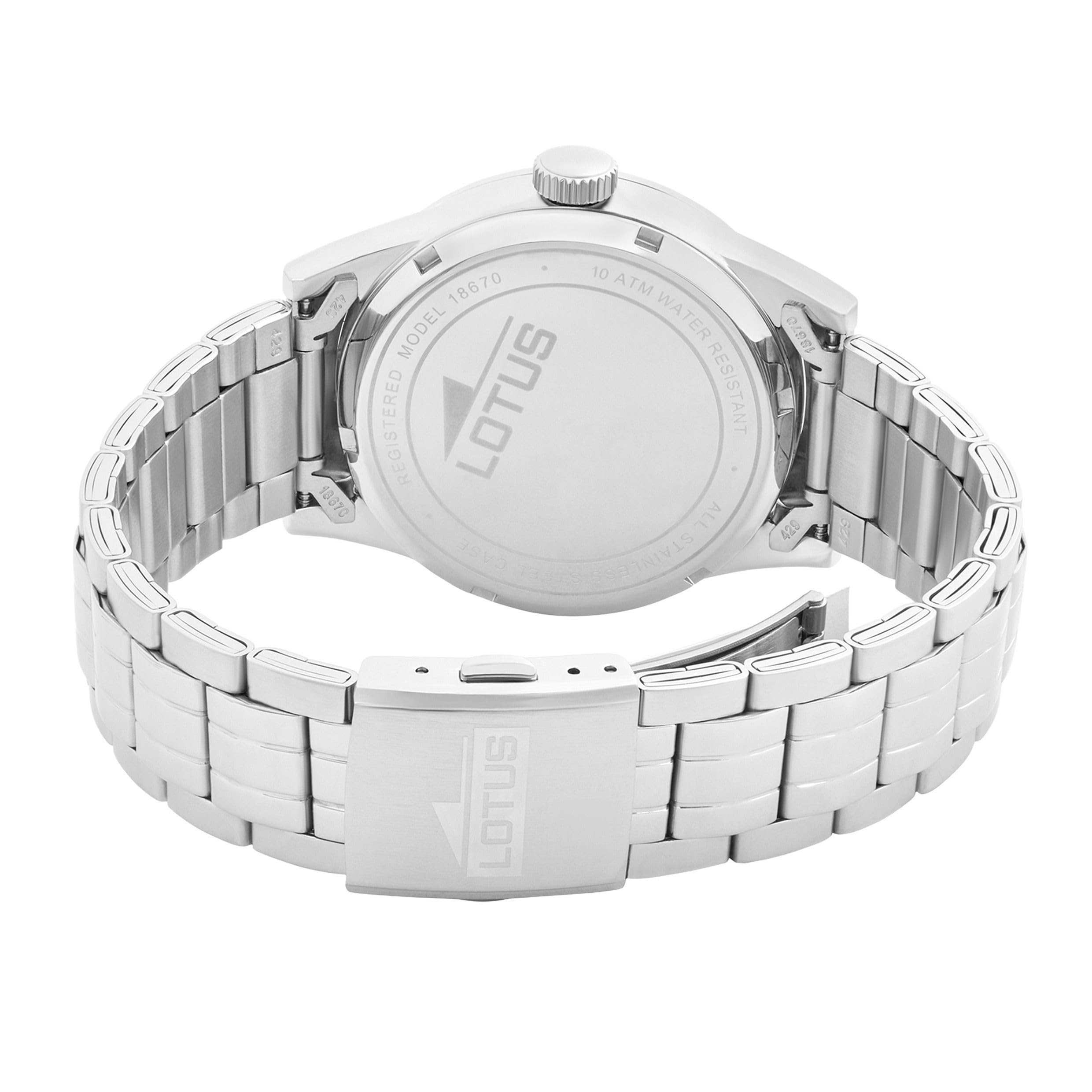 LOTUS Reloj Hombre Analógico de Acero Inoxidable 316l Plateado - Movimiento de Cuarzo - Calendario - Cristal Mineral de Alta Resistencia - Resistente al Agua 10 ATM Clásico 18670