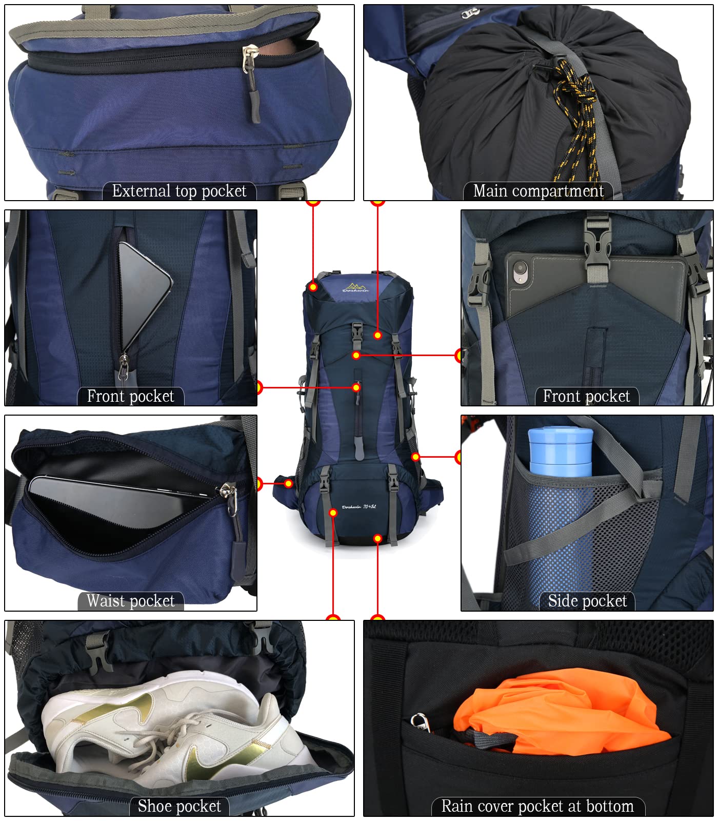 Sac à Dos de Camping Trekking Randonnée 70L avec Housse Imperméable