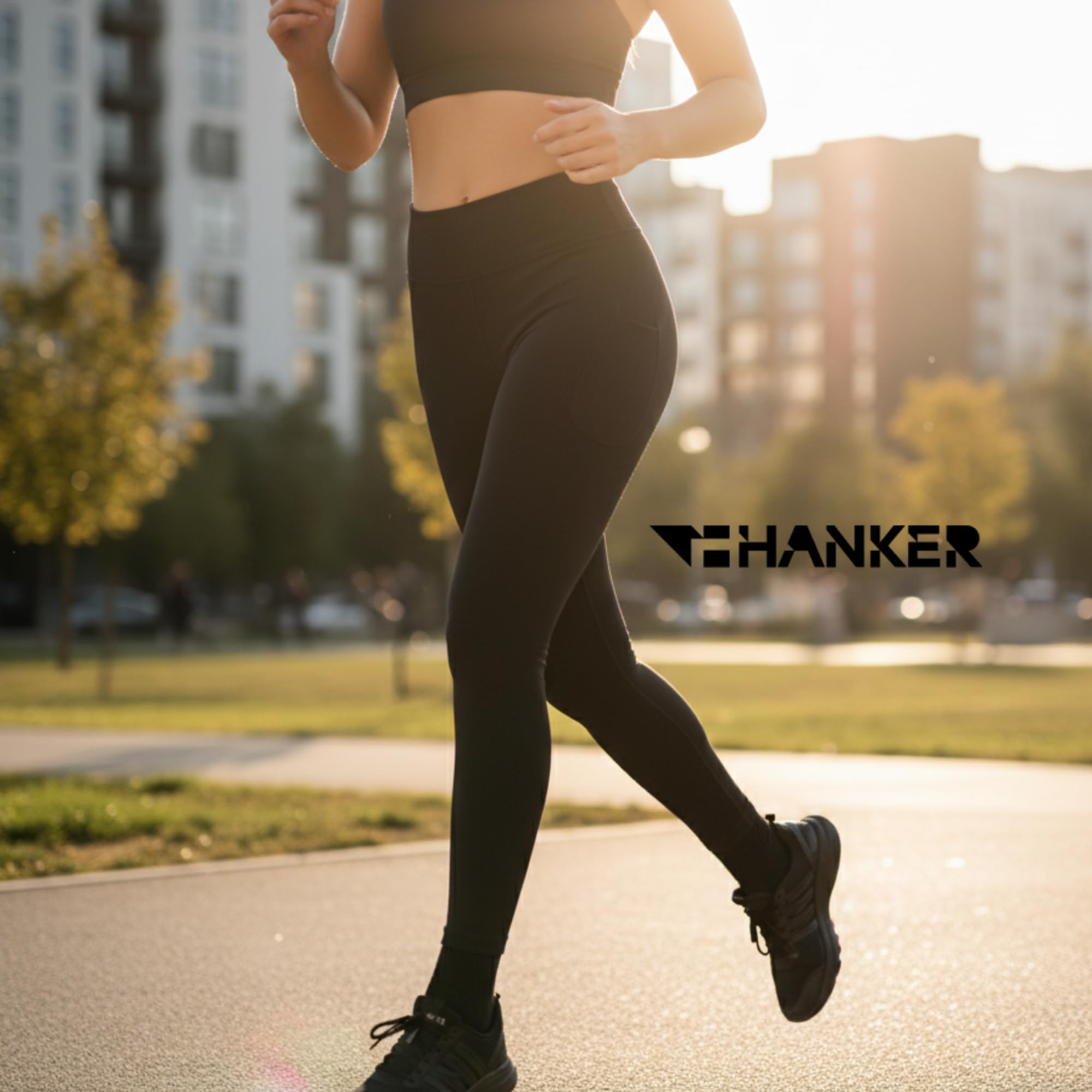 HANKER Leggings sportivi donna lunghi a compressione adattabile con tasche grandi e tessuto termoregolatore Soft-Air Plus