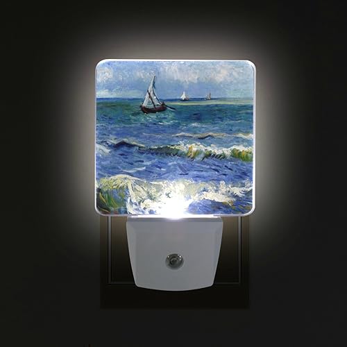 Miniatura 3 de WIHVE Paquete de 2 luces LED de noche enchufables con sensor inteligente del atardecer al amanecer, pintura Monet, velero, lámpara de noche para