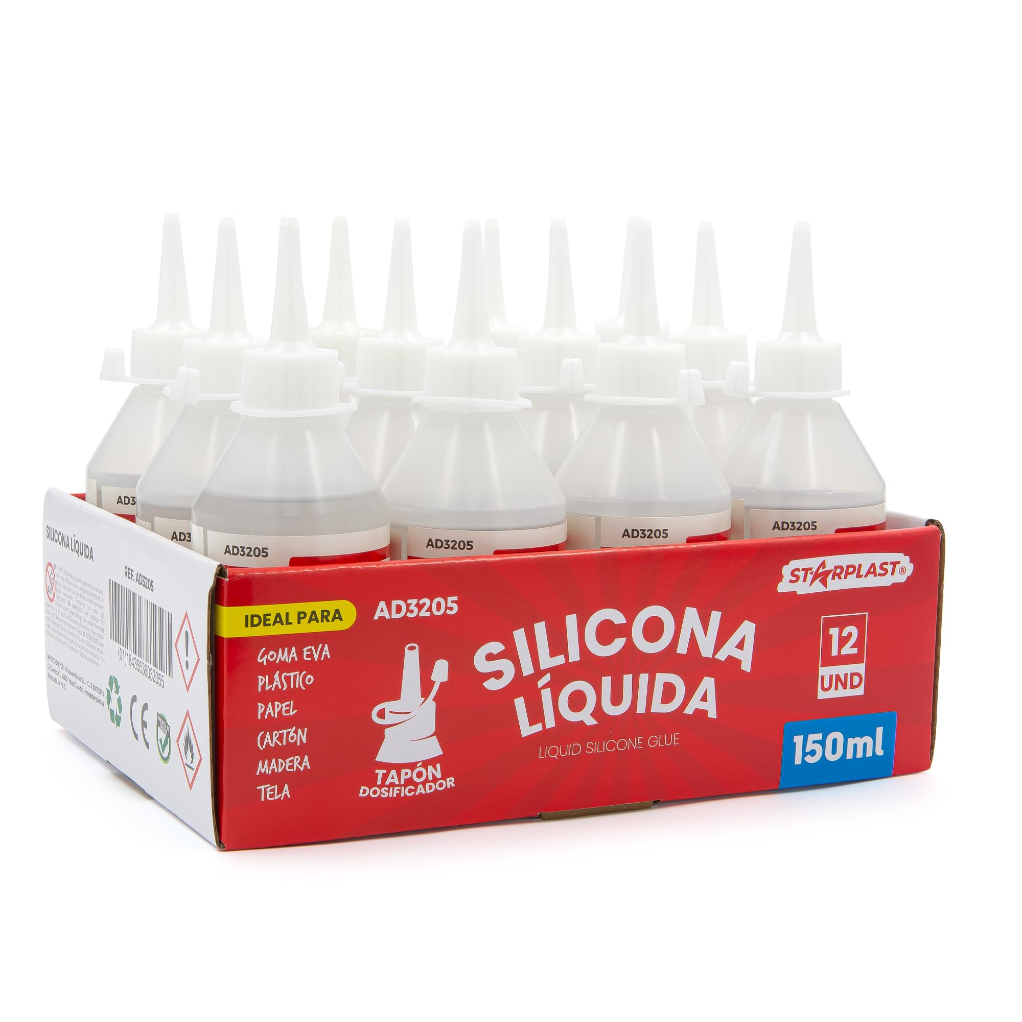 Starplast Silicona Líquida Pack 12 150ml - Transparente para goma eva, papel, cartón, cuero, tela y madera. Cierre con tapón. Ideal para manualidades, artesanía o maquetas.