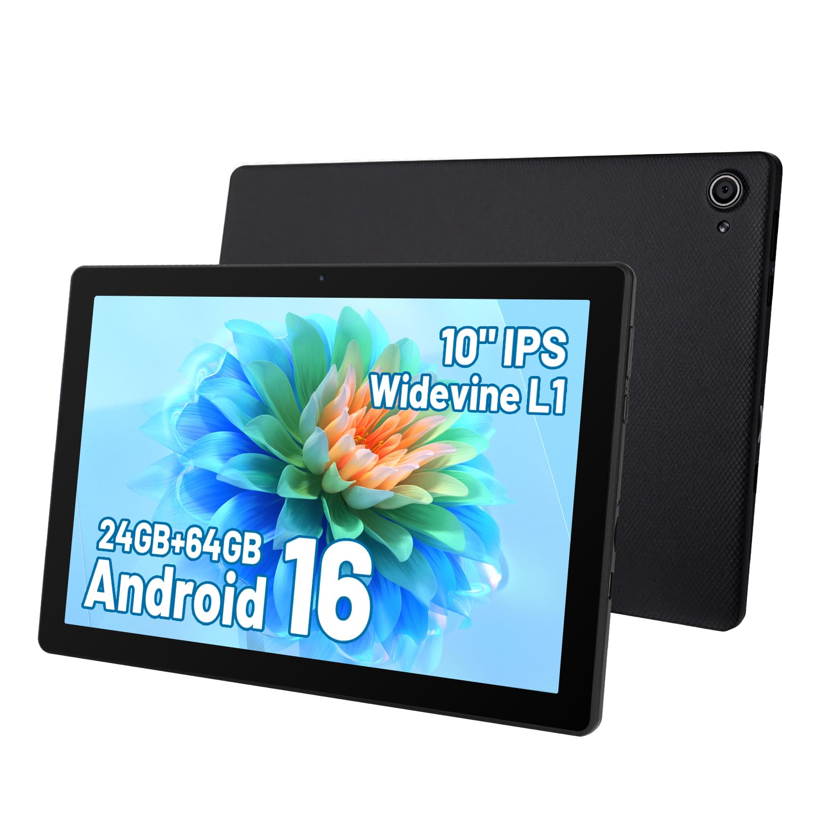 Hakaug Tablet 10 Inch Android 16 Tablets PC 24 GB RAM 64 GB ROM 1 TB TF Extension 1280x800 IPS Touchscreen Widevine L1 WiFi 6 BT5.4 Dual Camera 6000 mAh (Black)