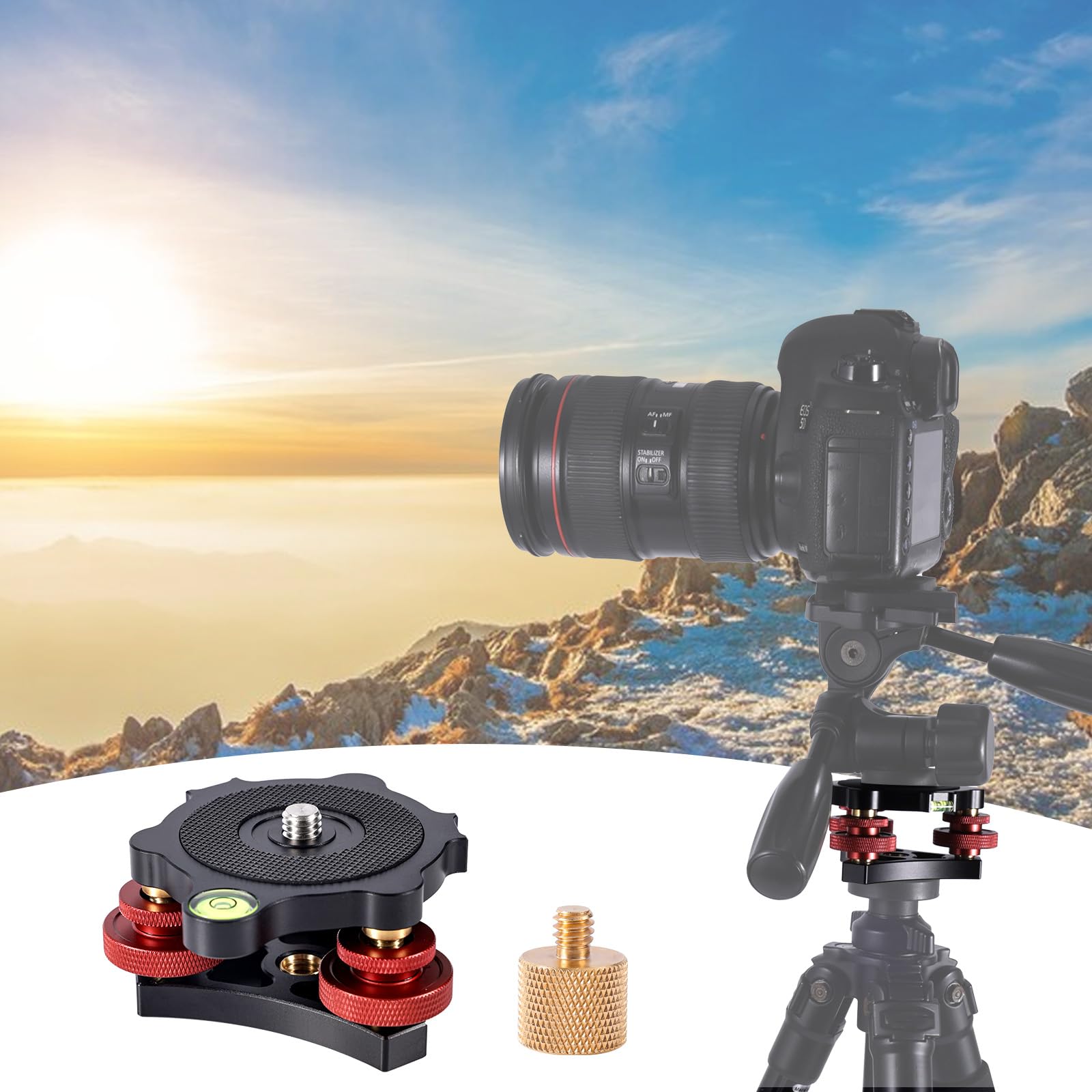 Gosknor Base Livellamento Treppiede con Adattatore per Staffa da 3/8 a 1/4, Testa a Tre Ruote Tres Assi Filettatura da 3/8" Regolazione di Precisione +/-5°per Fotografia Panoramica Macro LP64