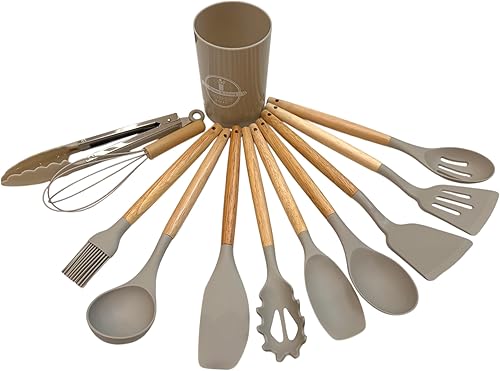Miniatura 2 de Juego de utensilios de cocina de silicona de 12 piezas con asas de madera, soporte gris (marfil)