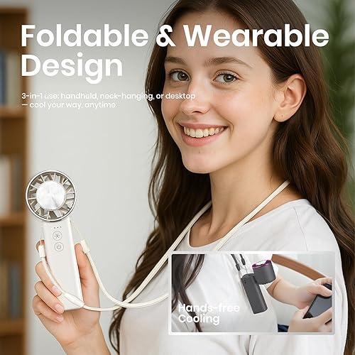 Miniatura 3 de Ventilador de mano  4 velocidades ajustables 4800 mAh, plegable, ligero diseño desgastado por el cuello, esenciales para vacaciones en la playa,