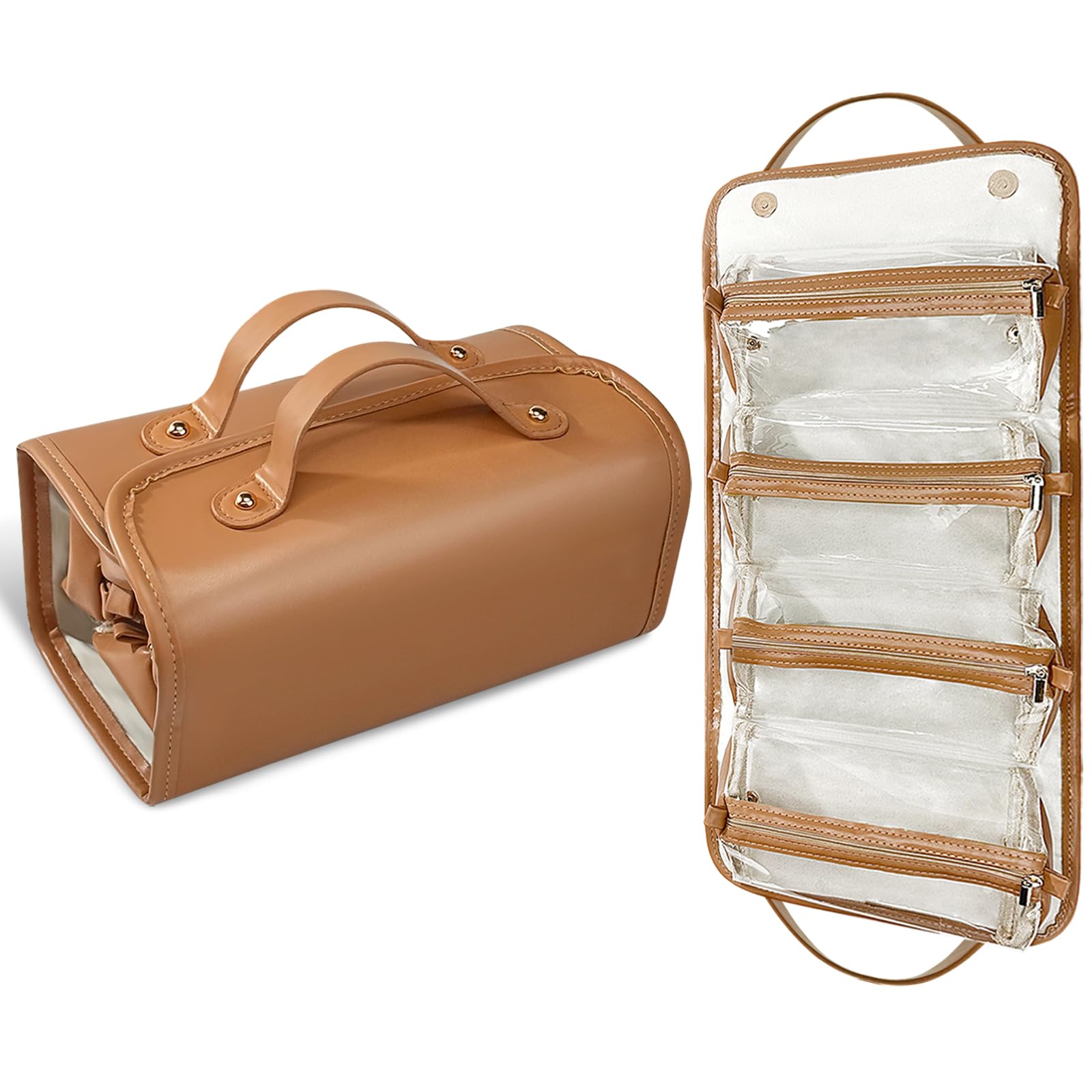 Poyetiz Toiletry Bag for Women, Travel Makeup Bag,Portable 4-in-1 Foldable Cosmetic Bag Detachable Pouches (Brown)