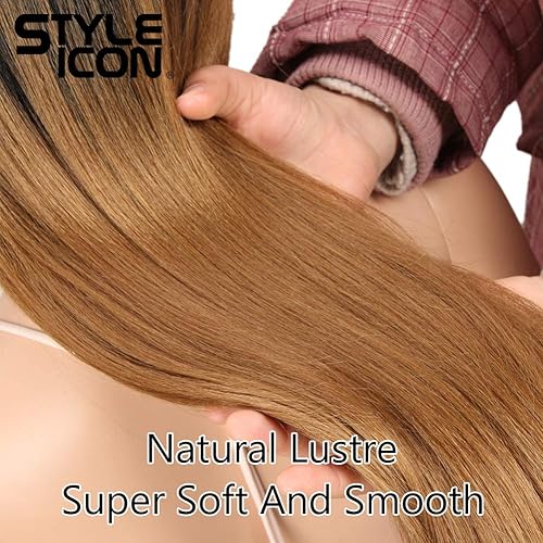 Miniatura 6 de Style Icon Pelucas de encaje frontal ombré, pelucas largas y rectas sintéticas con cabello de bebé, media mano, atadas a mano, negro, rubio