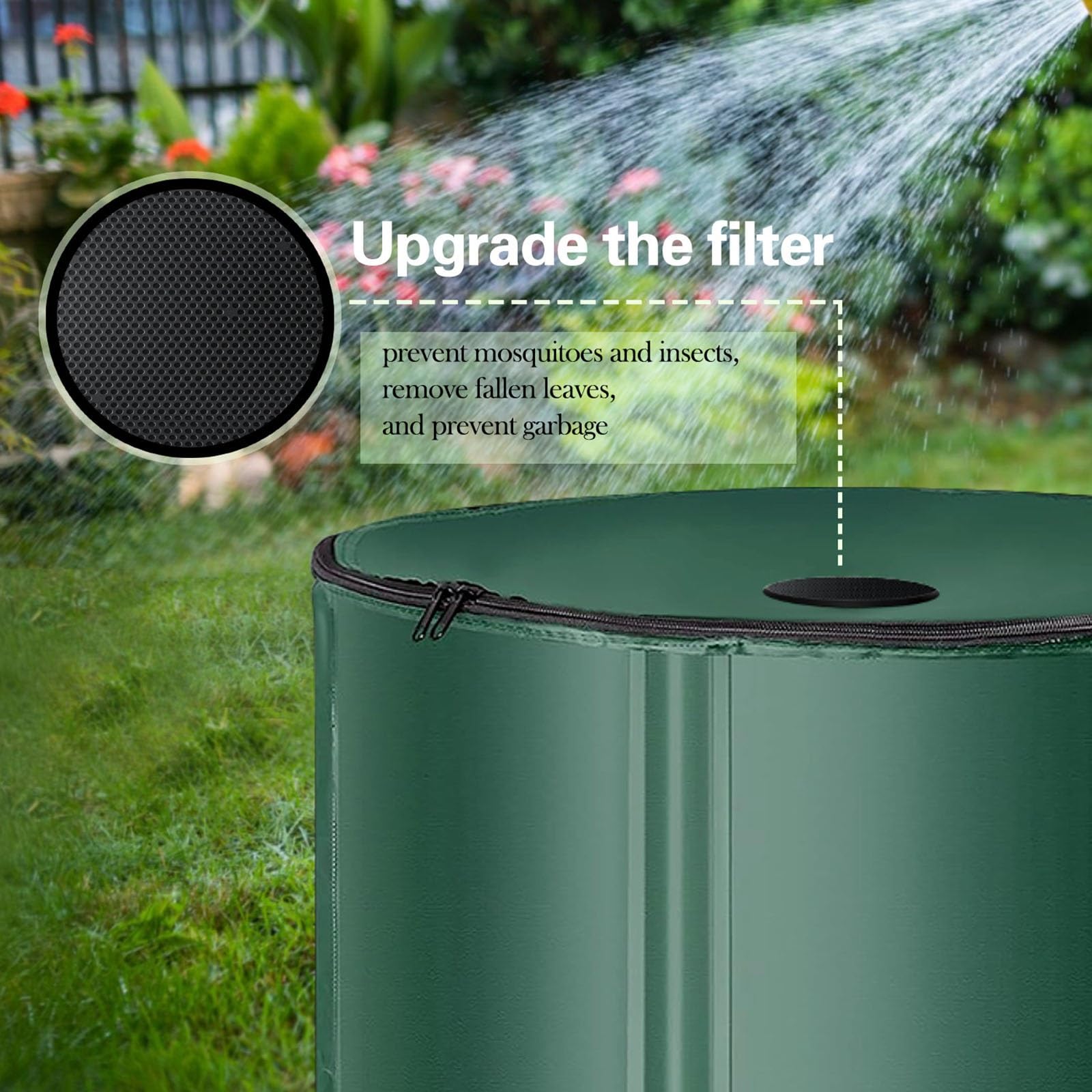 Barril de Lluvia Plegable de 50L a 1000L (13-264 galones) | Sistema portátil de recolección de Agua de Lluvia con Filtro de Malla | Tanque de Almacenamiento de Agua para riego de Jardines(380L)