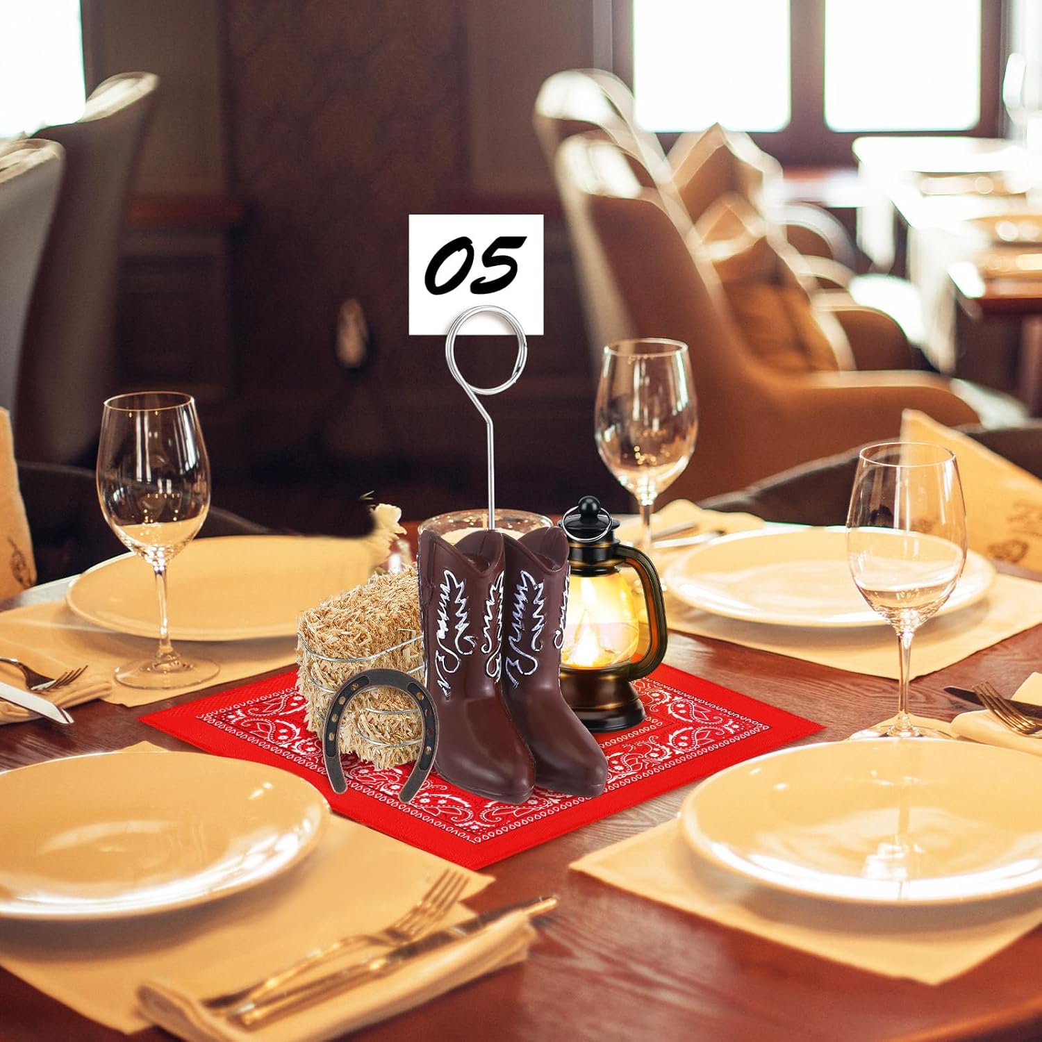 Amyhill 28 Pcs Western Cowboy Centerpieces for Table with Cowboy Boots Table Number Photo Balloon Holders Horseshoe Bandannas Mini Hay Bales Lantern for Western Wedding Birthday Vintage Party Decor