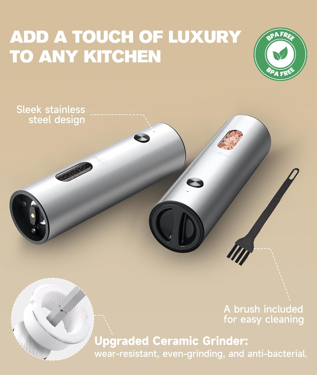 Ringco Electric Salt and Pepper Grinder Set with Charging Base, Rechargeable Salt and Pepper Mill with Adjustable Coarseness, LED Light, 110ml Large Capacity for Kitchen, Outdoors, Gifts for Women