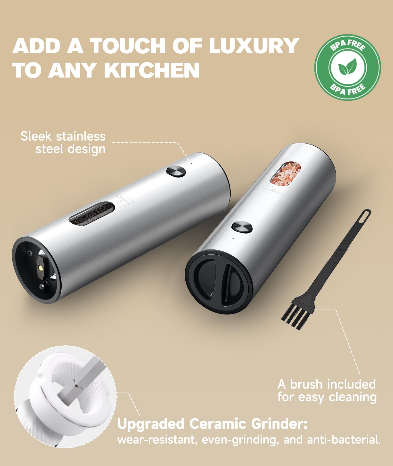 Ringco Elektrische Salz- und Pfeffermühle Set mit Ladebasis, Wiederaufladbare Salz- und Pfeffermühle mit einstellbarer Grobheit, LED-Licht, 110 ml Große Kapazität für Küche, Outdoor