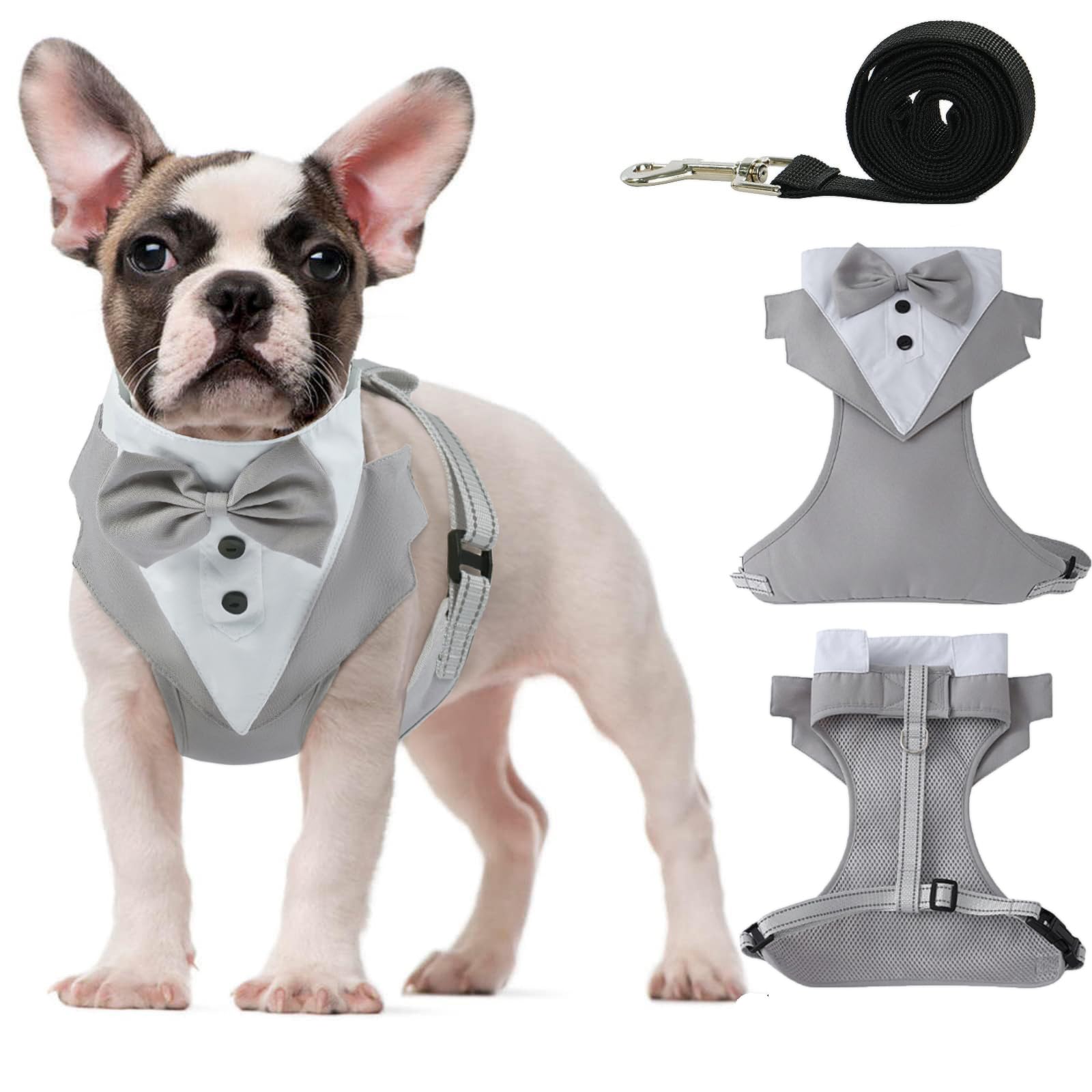OUOBOB Tuxedo Dog Harness, Dog Vest with No Pull Dog Leash, Formal Puppy Harness with Bow Tie for Wedding, Breathable Mesh Dog Tuxedo Vest Harness, Pet Harness for Small Medium Dogs, Birthday Walking — image 1