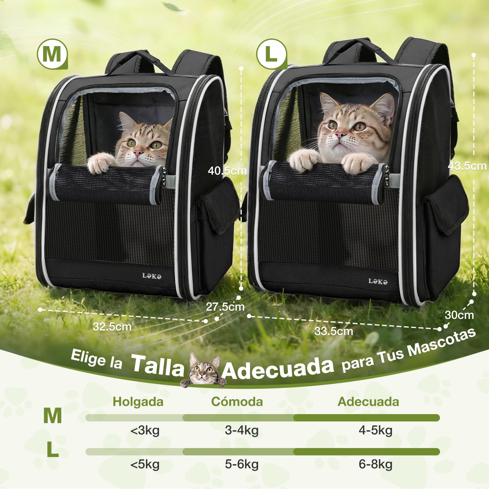 Lekesky Mochila para Gatos Transportín Perro Gato para Mascotas Medianas/Pequeñas (2-8 kg), Mochila Gato con Ventana de Malla para Senderismo, Viajes, Exterior (Negro, M)