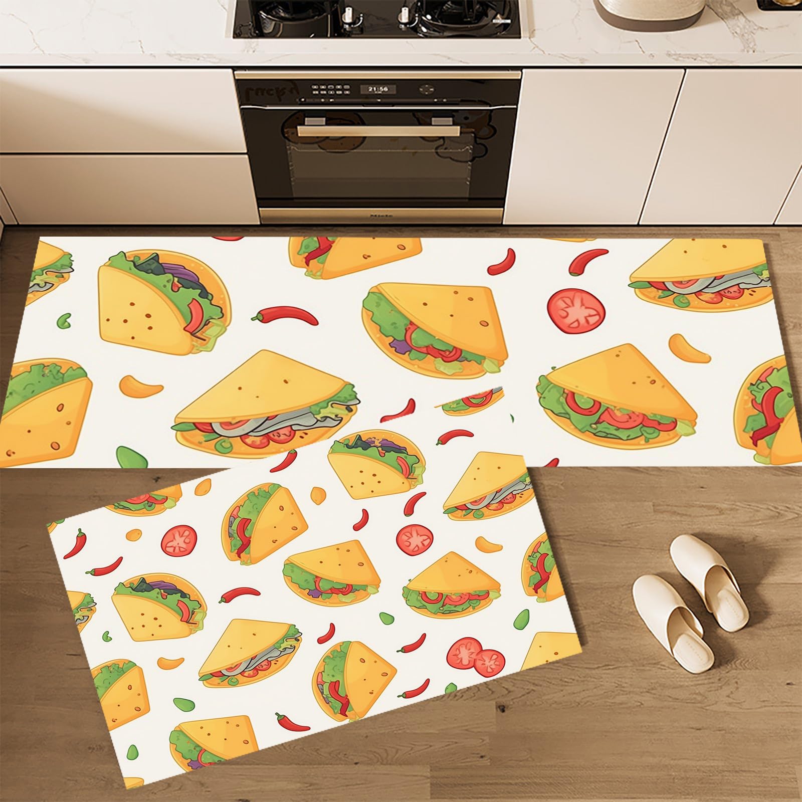 Alfombras antifatiga para cocina amarillas de 43x150 y 43x75 cm lavables con patrón de chile