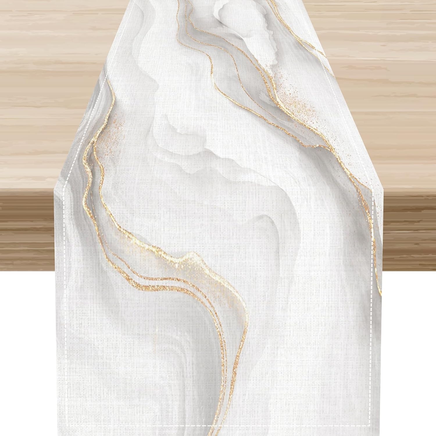 Marble Table Runner, White Golden Stripes Modern Marble Pattern Printed Linen Coffee Table Center Decor for Home Kitchen Dining Patio Holiday Party Table Decorations 13"x36"