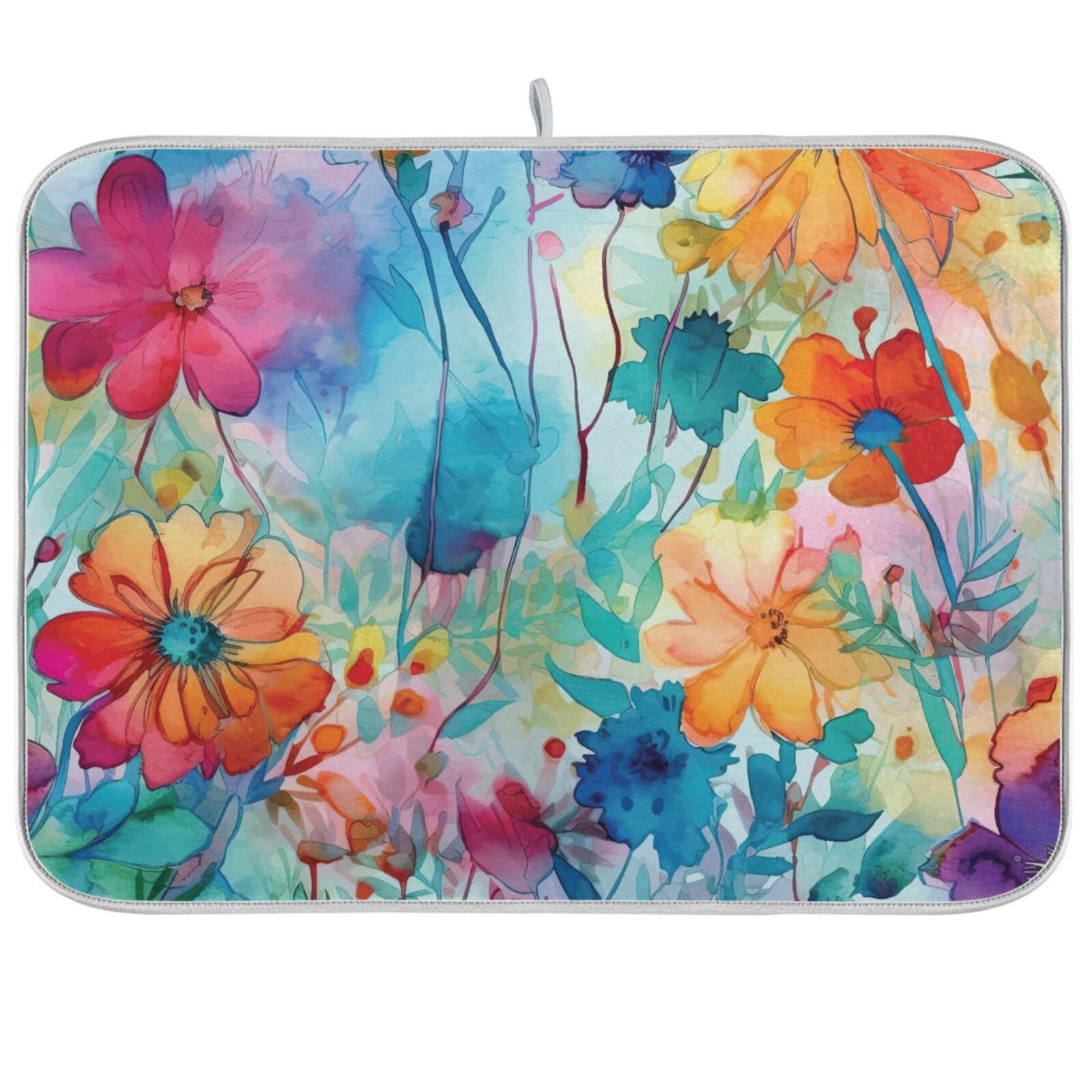 Colorful Beautiful Flowers Dish Drying Mat for Kitchen Counter Absorbent Microfiber Drying Pad, Medium 16x18 in, Reversible Drainer Mats