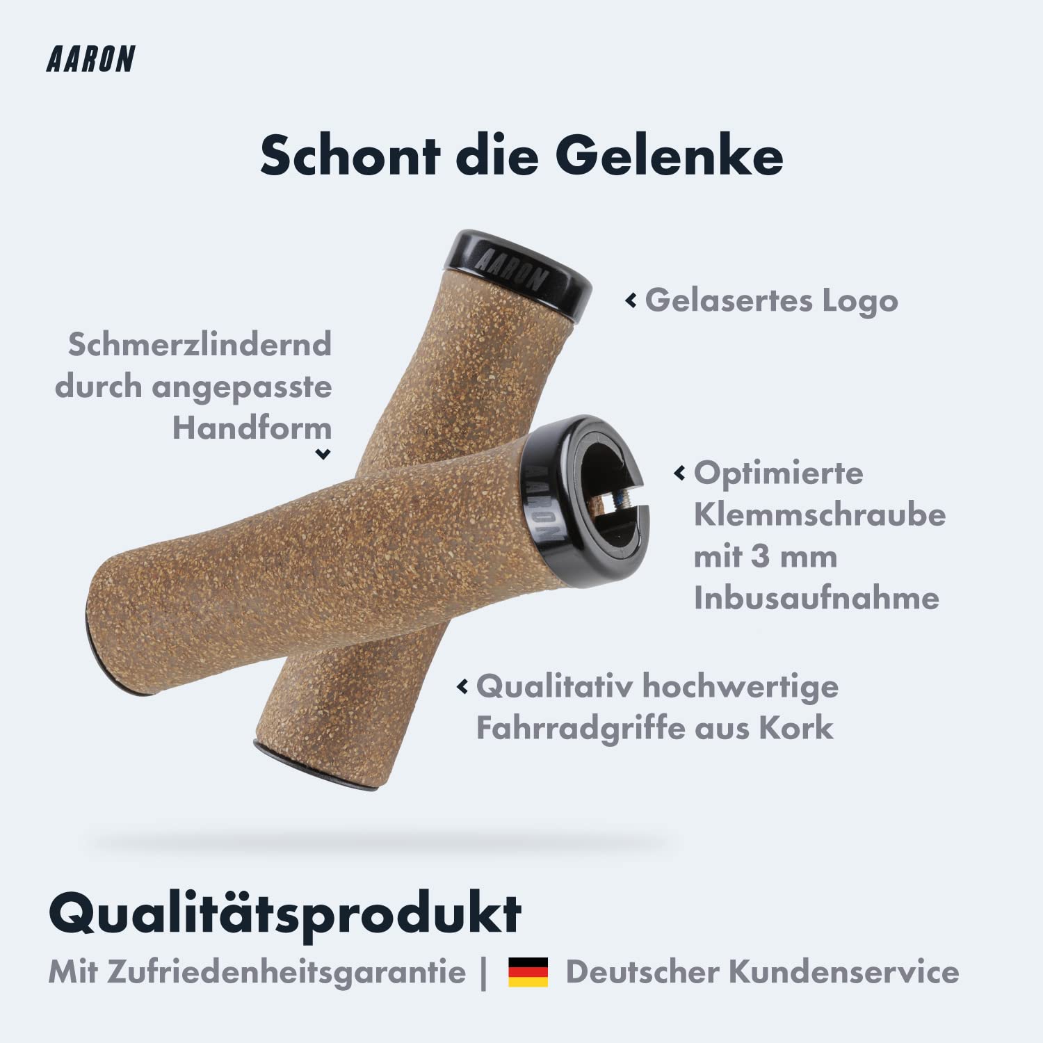 AARON Bio Fahrradgriffe Kork mit angepasster Textur - ergonomische Lenkergriffe aus rutschfestem Kork/Gummi - softe Handgriffe geeignet für E-Bike, Trekkingrad, Mountainbike, Tourenrad